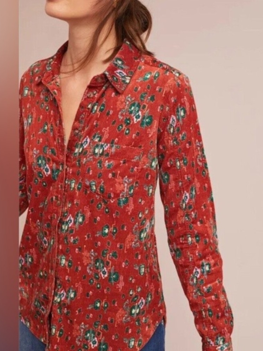 Anthropologie Maeve Rust Orange Corduroy Floral Long-Sleeve Button-Down Shirt